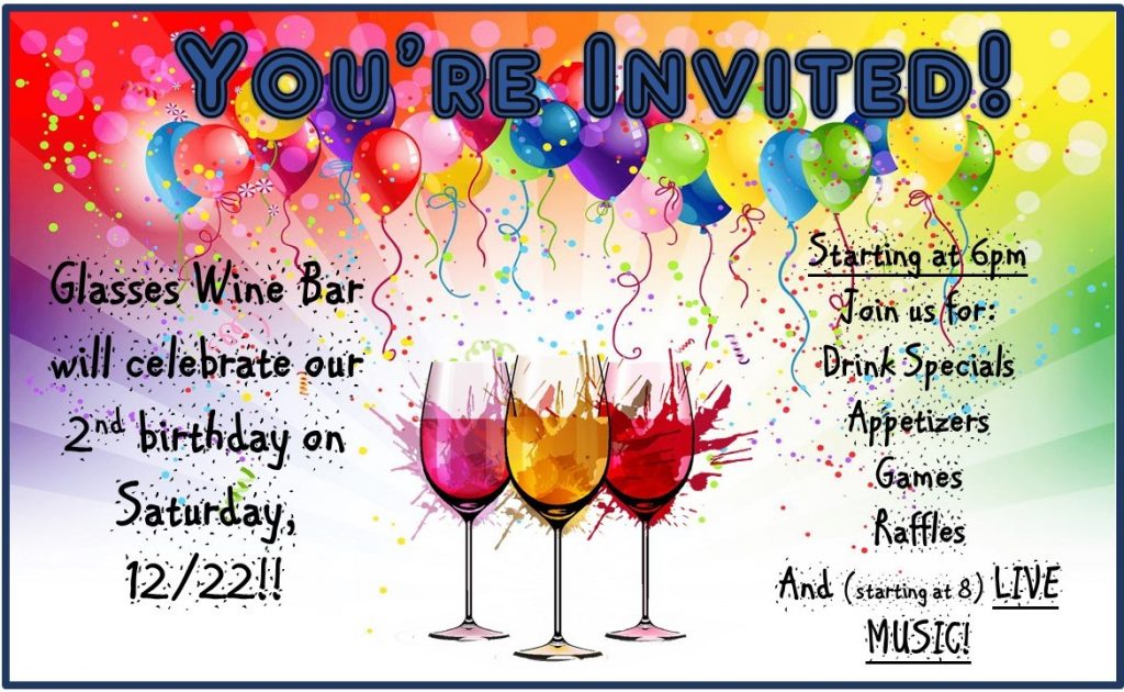 You're Invited to Our Birthday Party @ Glasses Wine Bar